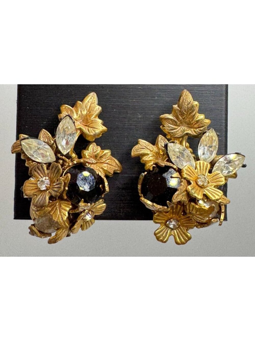Vintage Amourelle Clip-On Earrings Gold Floral Black Rhinestone & Crystal Leaves